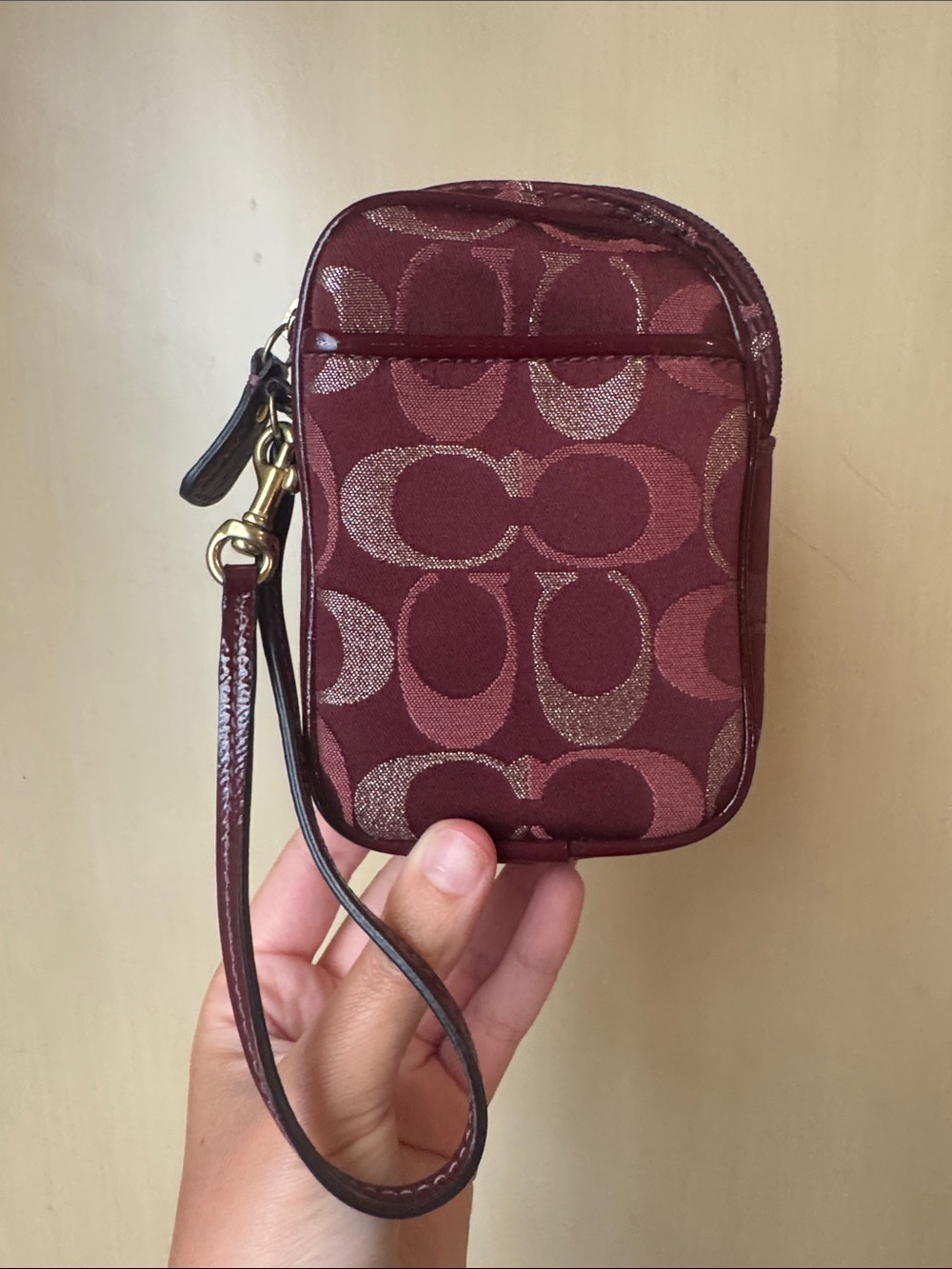 Coach Small Wristlet Pouch in Burgundy and Gold
